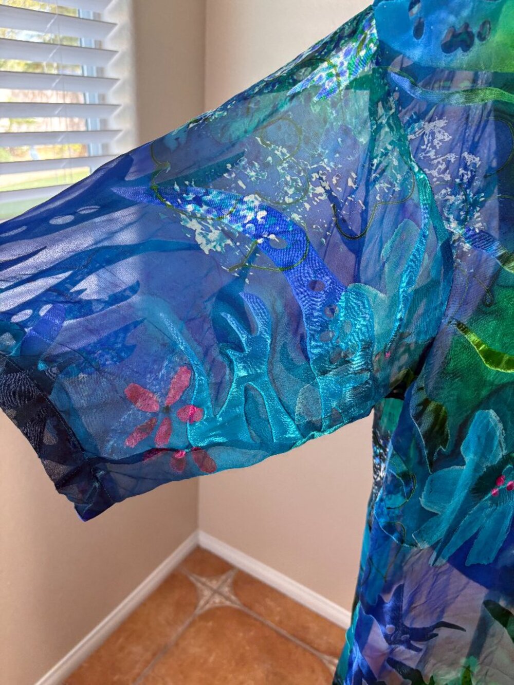 Silk Blend Kimono Top Blue Green Sheer Resort Vacation Cover Up OS - Picture 4 of 6